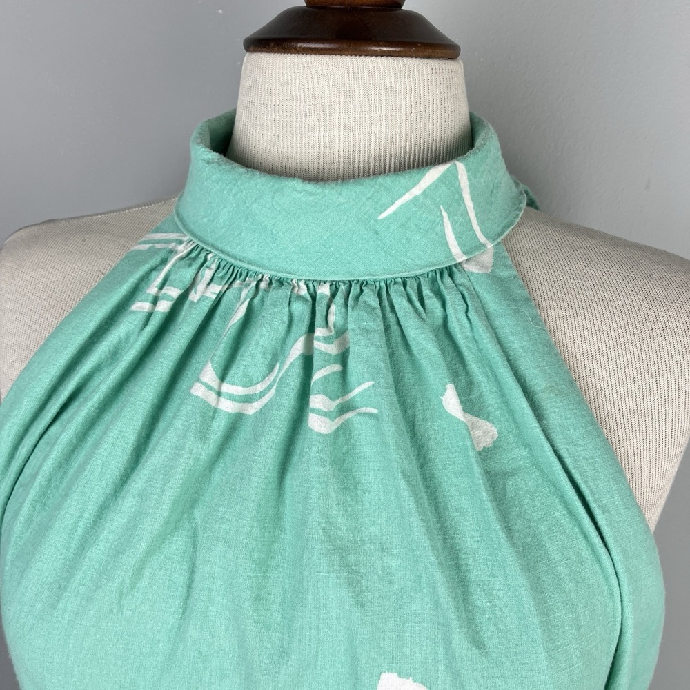 Vintage 80s Lanz Originals Halter Dress Womens 14 Aqua Green Belted Cotton - Picture 6 of 9